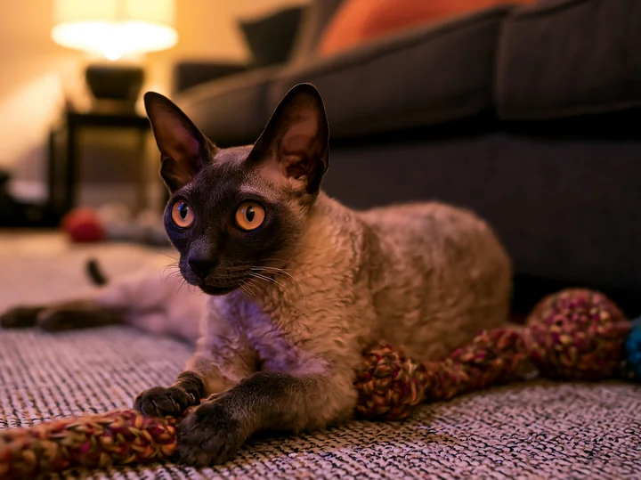 A Cornish Rex cat playing with a colorful toy in a cozy living room.