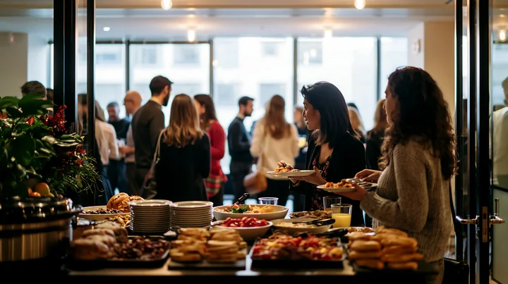 A corporate lunch buffet features diverse dishes as guests fill their plates and socialize in a bright indoor space with large windows.