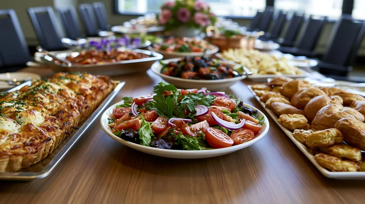 A corporate lunch buffet features several trays of food including salads, pastries, and pasta dishes set on a wooden table in a conference room.