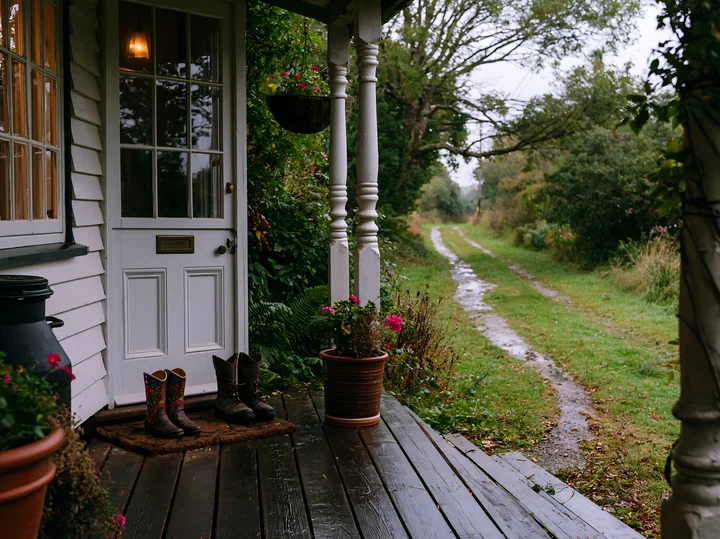 A cottage beside country lane features a welcoming porch area with potted plants and a pair of boots outdoors.