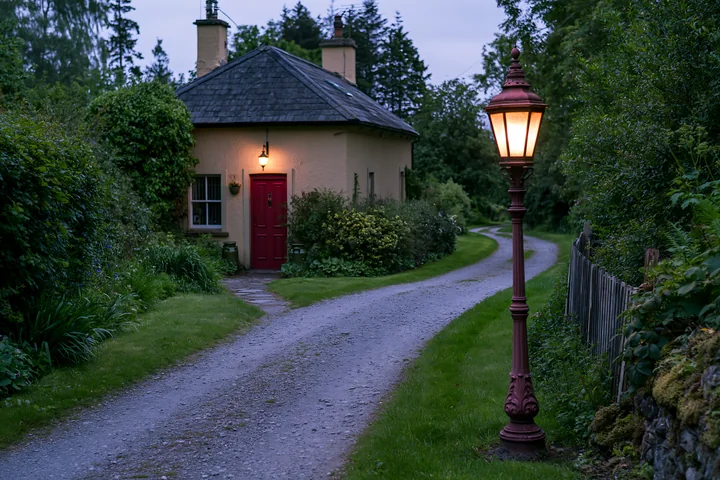 A cottage beside country lane is illuminated by a lamp as the sun sets.
