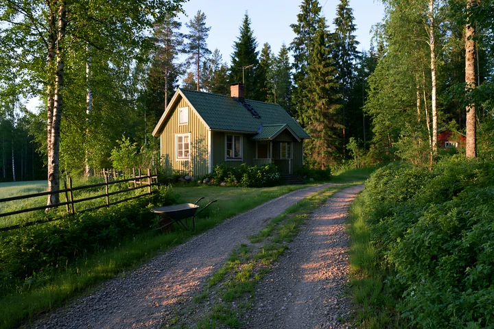 A cottage near forest edge sits beside a gravel path surrounded by trees and shrubs.