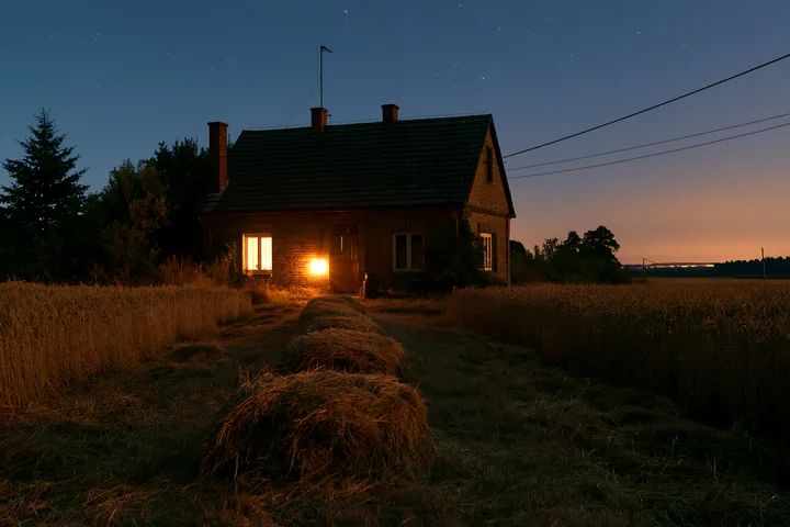 A cottage stands alone in a field, illuminated by a warm light from its window.