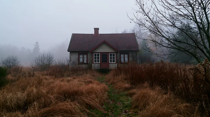A cottage stands in the fog, surrounded by tall grasses and trees.