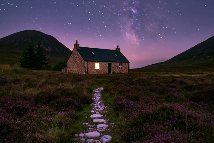 A cottage under stars with a stone path leads through a grassy field.