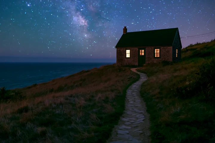 A cottage under stars with a stone path leads to the ocean.