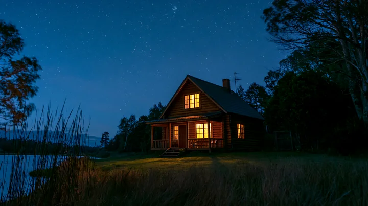 A cottage under stars with an open porch sits by a calm lake.