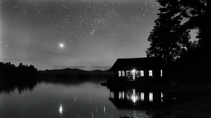 A cottage under stars with an open porch stands near a calm lake, reflecting the night sky.