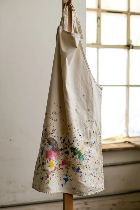 A cotton fabric apron hangs on a stand with various paint splatter on cotton fabric.