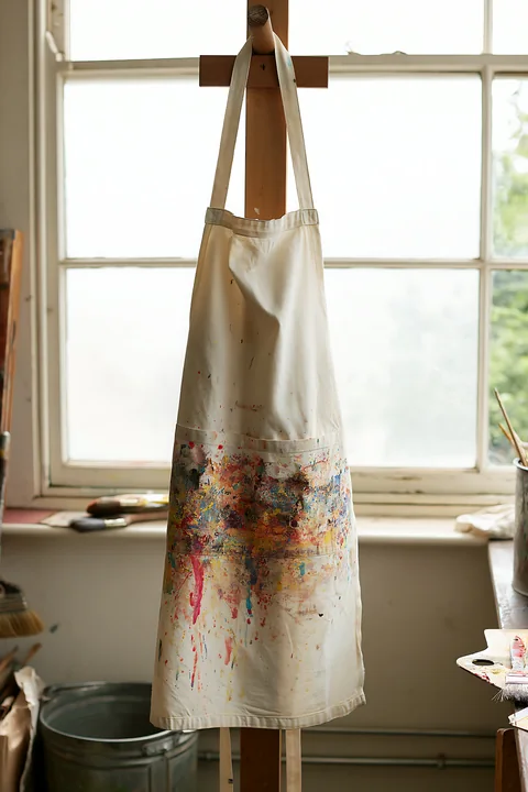 A cotton fabric apron with paint splatter hangs on an easel in an art studio.