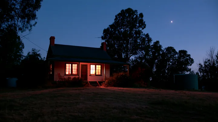 A country home stands under a clear night sky with a bright moon shining above.
