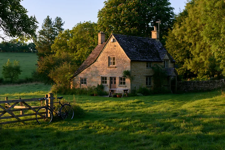 A country home with bicycle outside is set in a green field during golden hour.