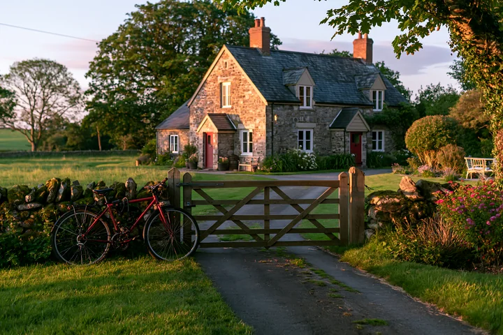 A country home with bicycle outside sits near a stone wall in a green field.