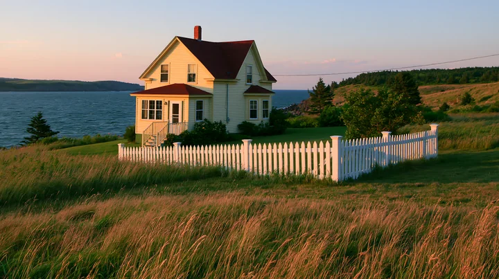 A country home with white picket fence sits on a grassy hill beside water.