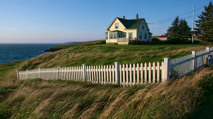 A country home with white picket fence stands on a grassy cliff by the ocean.