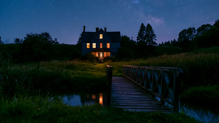 A country house beneath starry sky stands in a field.