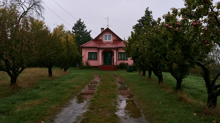 A country house features fruit trees lining a wet path, with grass and a cloudy sky overhead.