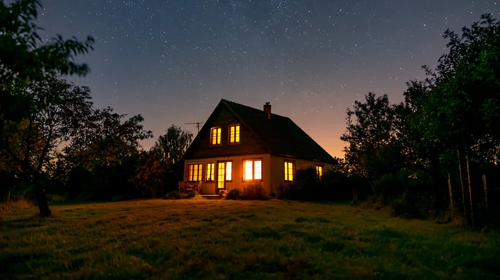A country house sits beneath a starry sky with warm lights shining from the windows.