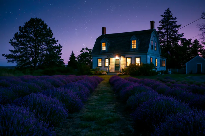 A country house sits under a starry sky surrounded by a lavender field.