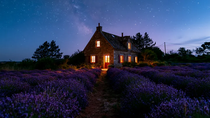 A country house stands amid lavender fields at night with bright windows.