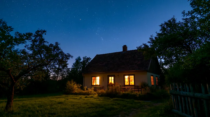 A country house stands under a starry sky, with warm light glowing from its windows, surrounded by trees and a grassy yard.