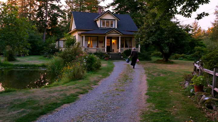 A country house with gravel driveway stands near a pond surrounded by trees.