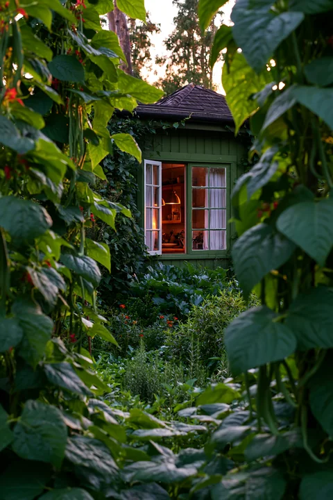 A country house with vegetable garden stands amid lush greenery.