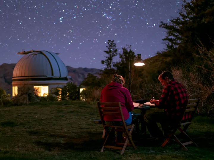 A couple at a remote observatory at night enjoy stargazing while seated at a table outside.