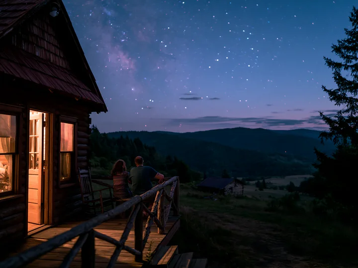 A couple beside a mountain cabin under stars enjoys the night sky and the landscape.