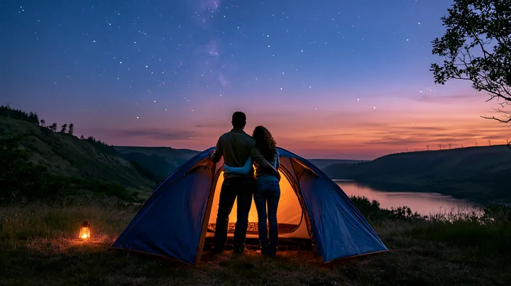 A couple camping under a star-filled sky stands outside their tent, gazing at the stars and sunset over a river in a scenic landscape.