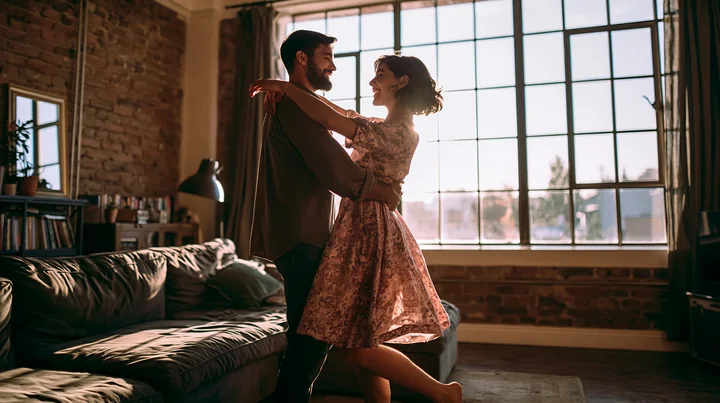 A couple dances barefoot in a living room filled with warm light from large windows.