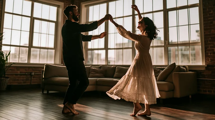 A couple dances barefoot in a living room with large windows, enjoying each other's company.