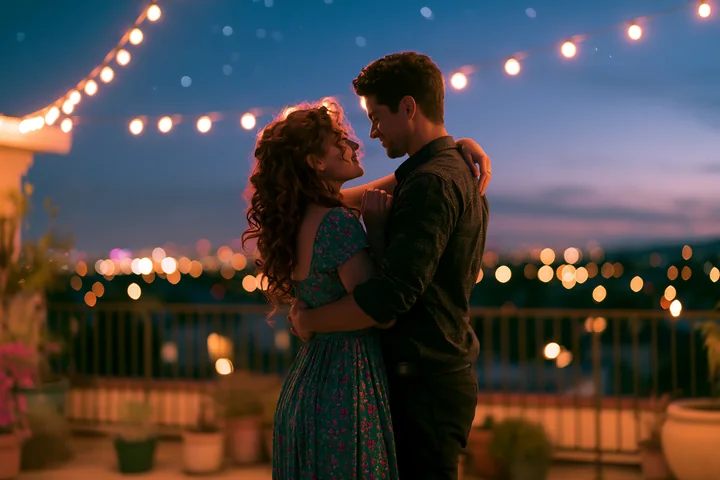 A couple dances under stars outdoors on a balcony adorned with string lights.