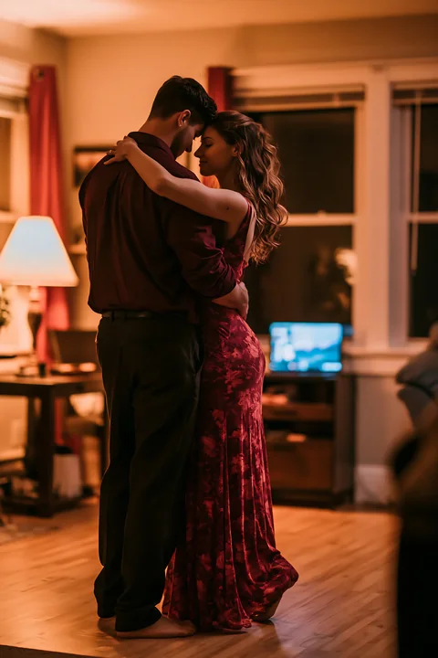A couple dancing closely in a living room setting.