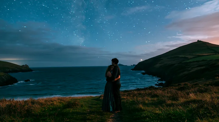 A couple embracing under a starry sky near the ocean.