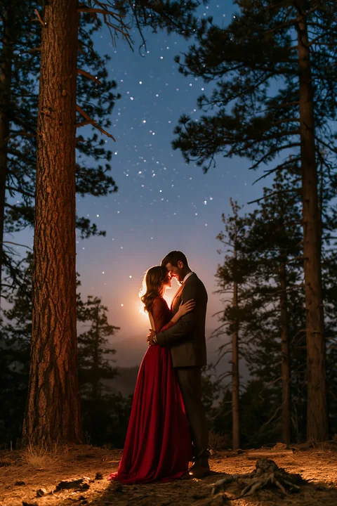 A couple embracing under a starry sky stands among trees at night.