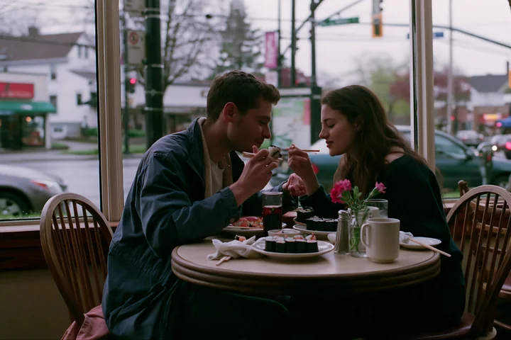 A couple enjoys a romantic sushi dinner while seated at a round table in a cozy restaurant with large windows.
