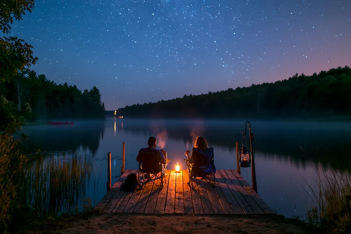 A couple enjoys hot drinks while sitting on a dock by a calm lake at night.