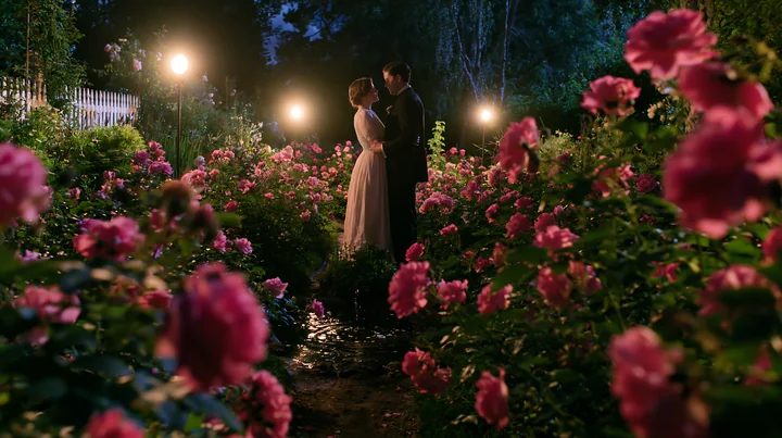 A couple gazing at each other among moonlit roses stands close in a garden filled with vibrant flowers.