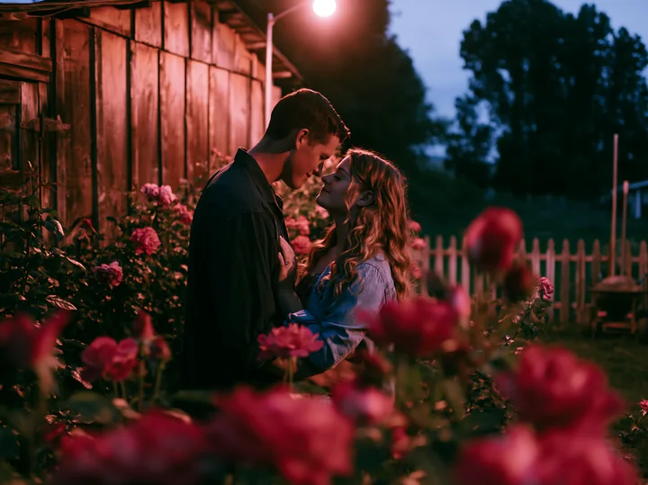 A couple gazing at each other among moonlit roses stands close under soft light near a wooden building.