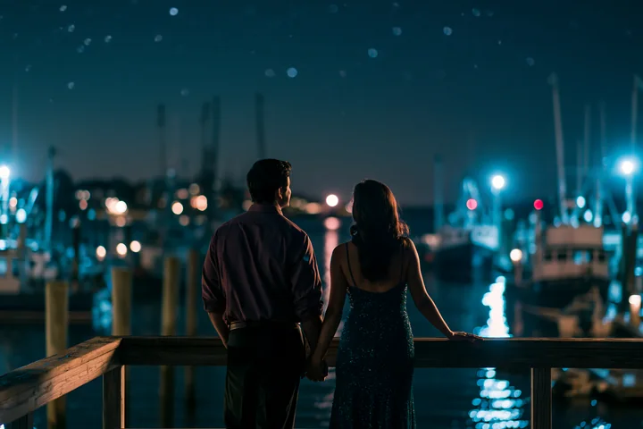 A couple holding hands beneath the night sky views a marina filled with boats and soft lights.