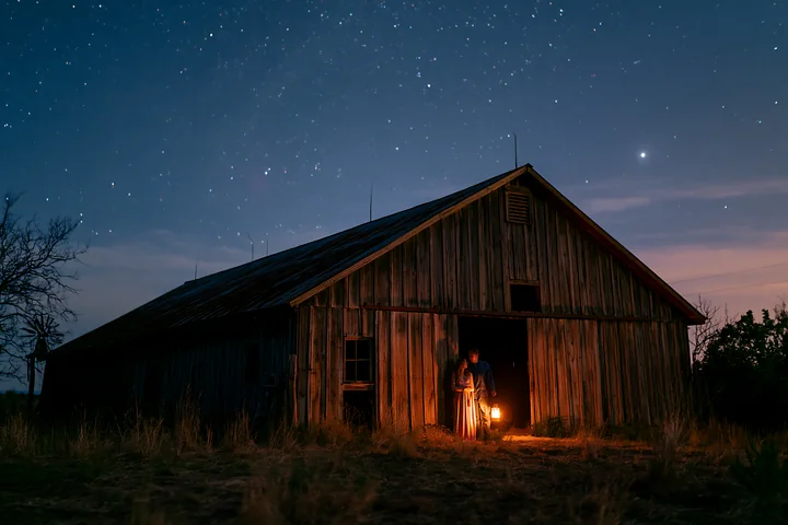 A couple holds a lantern under a starry sky near a wooden barn at night.