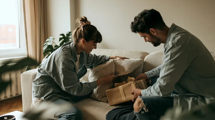A couple is hiding a birthday gift behind the sofa and checking the space to ensure it is tucked away.