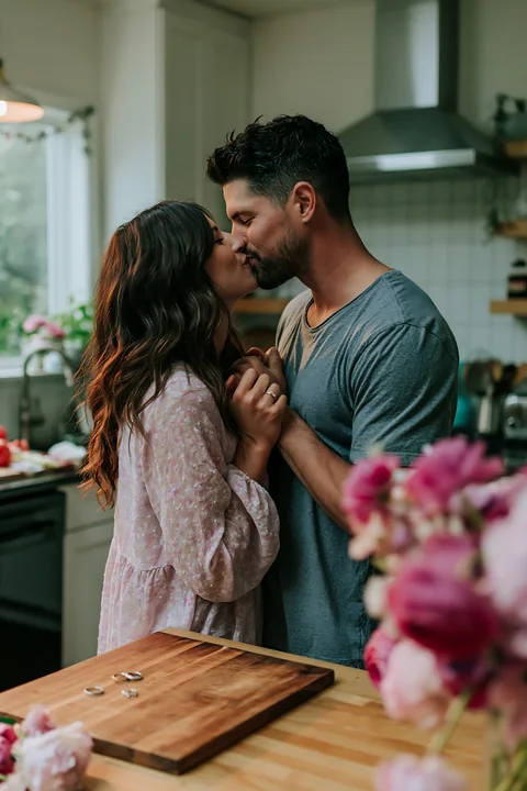 A couple is kissing in a cozy kitchen surrounded by flowers and wedding rings on the table.