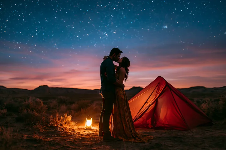 A couple is kissing under a starry sky next to a red tent.
