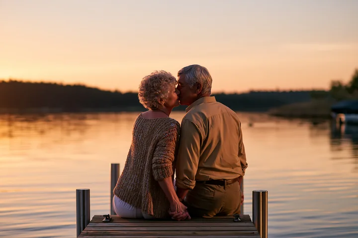 A couple is sitting on a dock by the lake, sharing a kiss at sunset.