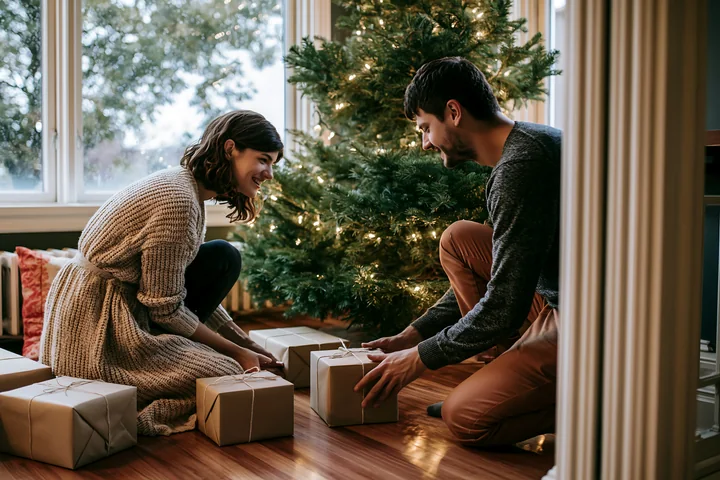 A couple is wrapping gifts and arranging them under a Christmas tree in a warm living room.