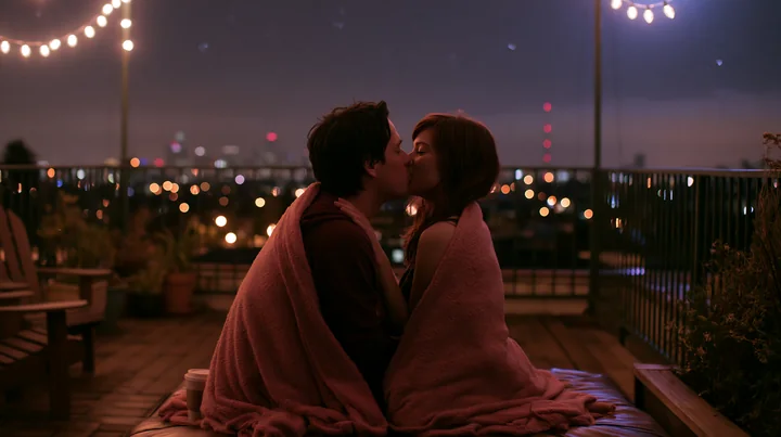 A couple kisses beneath stars while wrapped in blanket on a rooftop.