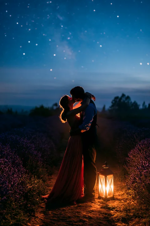 A couple kisses beneath the stars in a field, with a glowing lantern nearby.