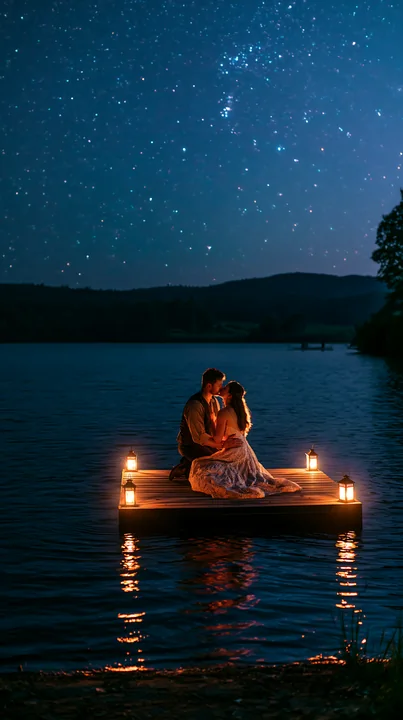 A couple kisses on a dock at night surrounded by glowing lanterns and reflecting water.